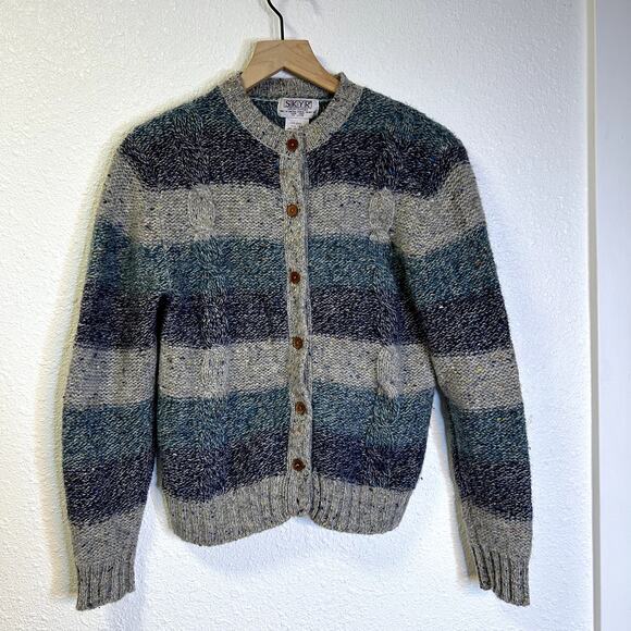 vintage cardigan, striped sweater, 100% wool, button up - Picture 1 of 4